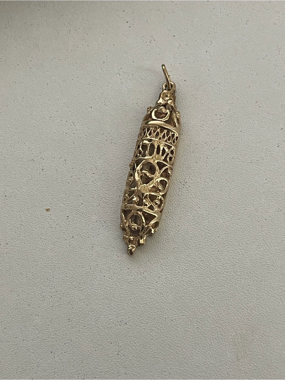 14K Gold Filigree Mezuzah Pendant with Text Scroll